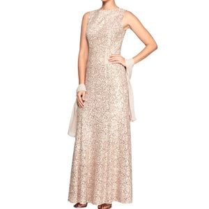 ALEX EVENINGS Champagne Sequined Lace Gown